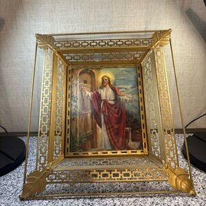 Vintage Ornate Brass Frame with Lenticular Hologram Jesus Picture  17”x15”